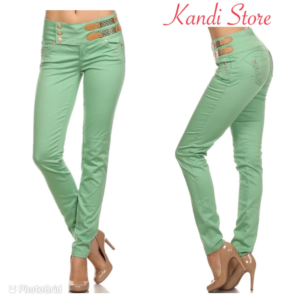 Mint twill pants with wide waistband, Cotton Pants